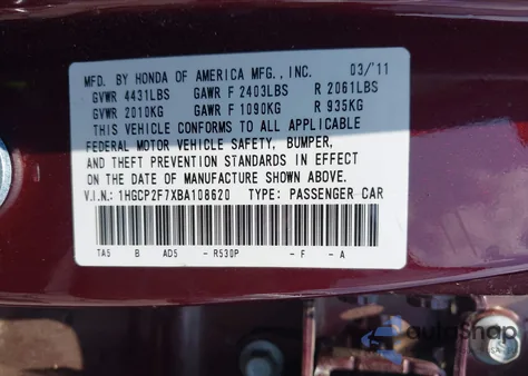 2011 Honda Accord 2.4 Ex from USA, damaged, VIN 1HGCP2F7XBA108620